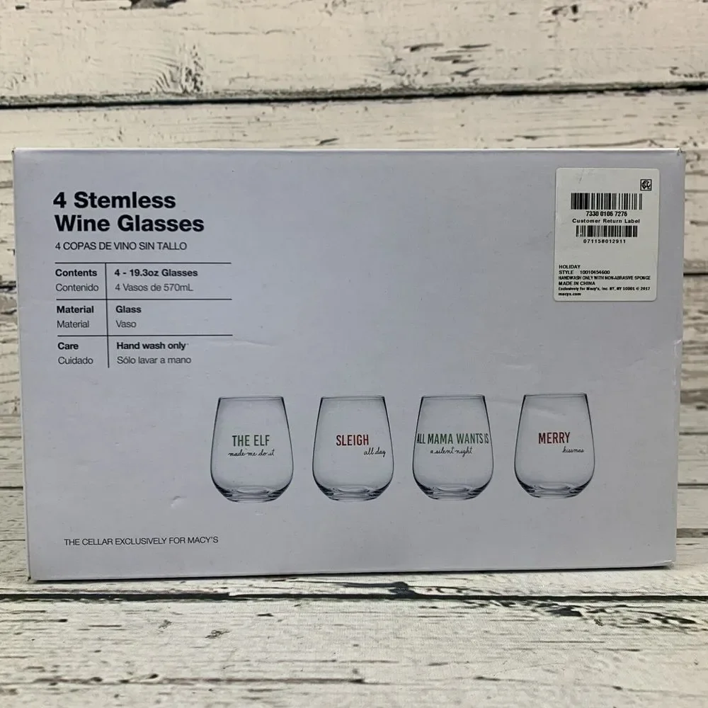 The Cellar Stemless Wine Glasses Set of 4 Christmas Holiday Sayings New‎